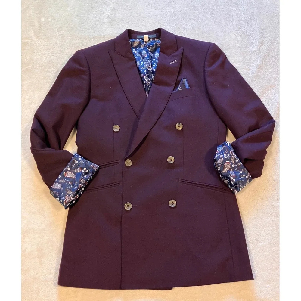 Indochino Double Breasted Blazer Mens 38 Burgundy Paisley Lining Peak Lapel